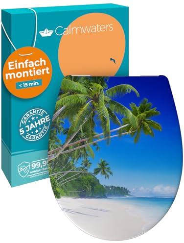 Calmwaters® WC Sitz Motiv Palmenparadies einfache Montage, Toilettendeckel bis 250 kg, Made in EU, antibakterieller Duroplast, Absenkautomatik, 2 Montage Optionen, abnehmbar, Klobrille, oval