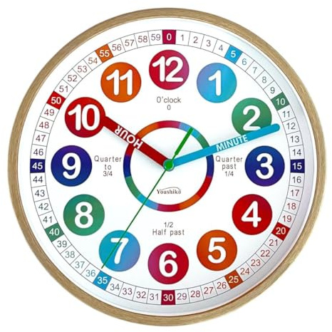 Youshiko Time teaching Learning Clock for Kids, Extra Large Silent Analogue Wall Clock for Classrooms and Kids' Bedrooms - Children Learn (Brown)