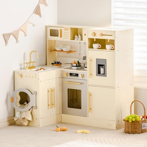 ROBUD Wooden Play Kitchen Set, Pretend Corner Kitchen with All-in-One & Combination-Style, Kids Kitchen Playset with Refrigerator, Laundry Playset, Oven and Storage Cabinet, Gift for Boys Girls, 3+
