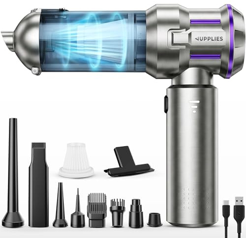 JUPPLIES Aspirador de Mano Inalámbrico Potente, 22000 PA, 3 Intensidades | 4 en 1: Succión, Soplado, Inflado, Vacío | 7 Accesorios, Motor Sin Escobillas | Mini Aspiradora Hogar Coche (Gris)