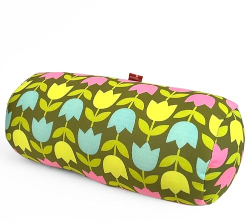 COVERBAGBCN - Cojín Cilíndrico Anti-Estrés Relax | Alivio Cervicales y Lumbares | Relleno de Bolitas Confortables | Tejido Lycra Suave al Tacto | Lavable en Máquina | 35x15 cm (Tulipanes)