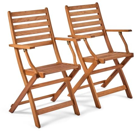 VonHaus Wooden Garden Chairs Set of 2 - Pair of Folding Garden Chairs for Outdoors & Patio - Meranti Hardwood Foldable Deck Seats with Teak Oil Coating & Armrests - Cannes