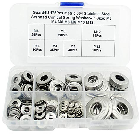 Guard4U 175Pcs Metric 304 Stainless Steel Serrated Conical Spring Washer/Conical knurled Spring Washer/Belleville Washer Assortment Kit- 7 Size: M3 M4 M5 M6 M8 M10 M12