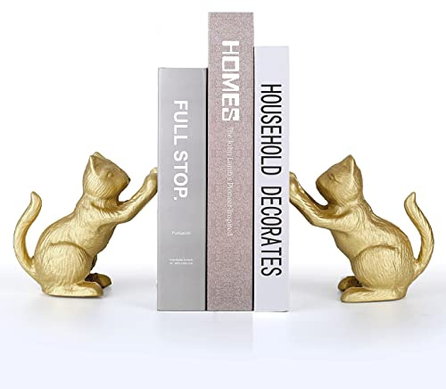 Ambipolar Lucky Cat Decorative Bookend, Heavy Duty Cast Iron, Vintage Shelf Decor, Gold, T3-66