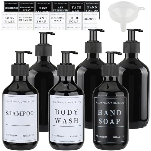ZEOABSY Lot de 6 Rechargeables Noir Flacons à Pompe Vides en Plastique de 300 ML avec Pompe Distributeur de Lotion, Shampooing, Crème lavante, Gel Douche, Salle de Bains Hôtel, Entonnoir
