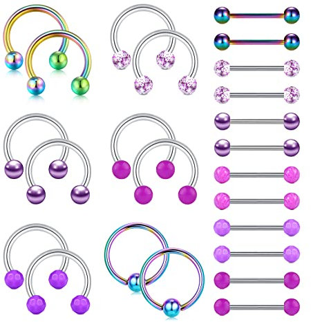 Funseedrr 12 Paar 14G Edelstahl Brustwarzenpiercing Nippelpiercing Zungenpiercing für Damen Lila 14mm 16mm Stab Hufeisen Septum Nippel Piercing Brustpiercing Brustwarze Barbell Piercing Schmuck