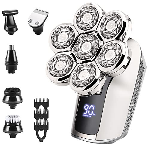 Glatzen Rasierer Herren Elektrisch - 6 in 1 Elektrorasierer Nass-oder Trockenrasur mit 7D schwimmender Rasierkopf Rasierapparat Rotationsrasierer Nasenhaar Trimmer Pflegepaket Kopfrasierer für Glatze
