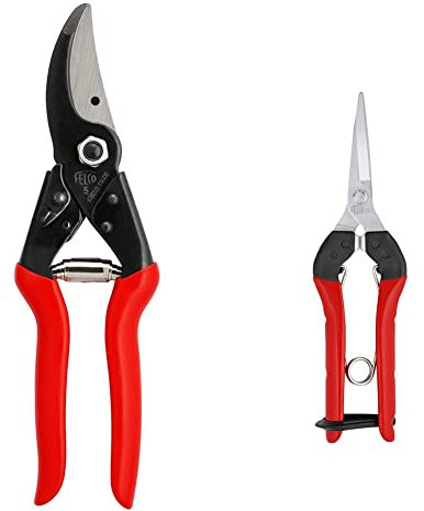 FELCO 5 Gartenschere (Schnitt-ø 25 mm, Länge 225 mm) & FELCO Ernte-/ Leseschere Nr. 322 (für Obst- / Blumen- + Gemüsestiele, kompakte Schere mit Stahlgriff, gerade verchromte Klinge) FELCO 322