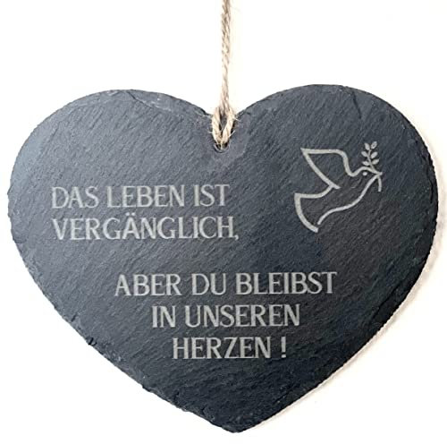 naninoa Schiefer-Herz Hänger Das Leben ist vergänglich 14x12cm. Grabschmuck wetterfest, Grabdekoration, Grabdeko, Trauerherz.