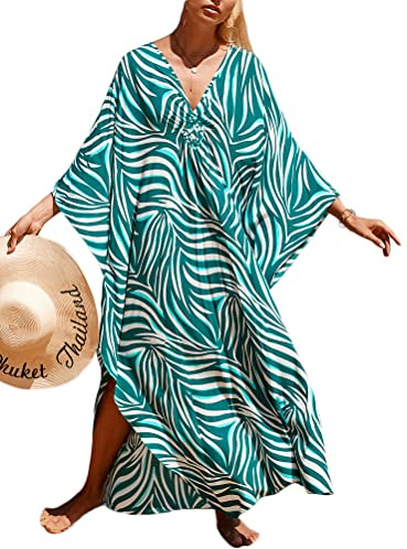 seiveini Robe de Plage Femme Longue Tunique Caftan Grande Taille Kaftan Boho Maxi Robe Fluide Impression de Fleur Robe Eté Bikini Cover Up pour Femme Élegante Chic A6 Taille Unique