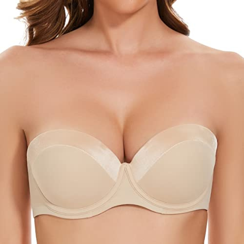 SEA BBOT Push Up Strapless Bra for Women Anti-Slip Padded Convertible Multiway Bra Beige 36A