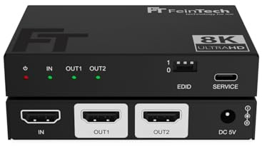 FeinTech SP210 HDMI 2.1 Splitter 4K 120Hz 8K VRR ALLM, Verteiler mit Downscaler für 2 Monitore gleichzeitig, CEC-Pass, kompatibel zu HDCP 2.3, HDR, Dolby Vision