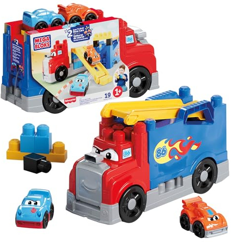 MEGA BLOCKS First Builders Conjunto de construcción de bloques Camión de carreras y construcción, incluye 19 piezas, 2 coches de carreras y almacenamiento, rojo, para niños y niñas pequeños, JFR29