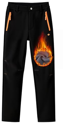 MoFiz Boys Waterproof Snow Ski Pants Kids Warm Winter Fleece Lined Hiking Pants Girls Insulated Snowboard Pants with Zip Pockets Black X-Large