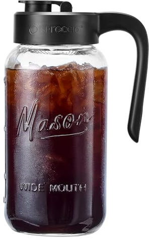 Spreccio Mason Jar Pitcher - Airtight & Leakproof Glass Pitcher with Lid, Perfect for Breastmilk, Cold Brew, and Sun Tea, 2 Quart (64 oz) 1/2 Gallon Mason Jar with Pour Spout Lid