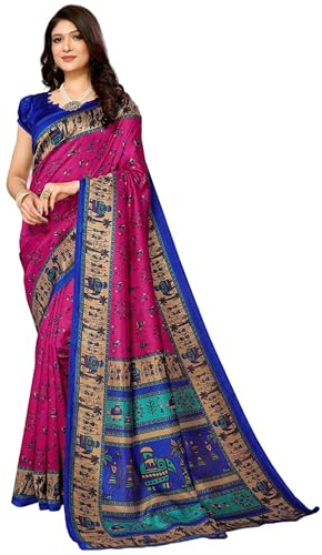 TRAFAART Sari Para Mujer Vestido Sari Indio Con Estampado Multicolor De Seda Artística Con Blusa Sin Coser-Pink