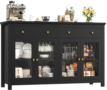 FirFurd Sideboard 140cm Breit Küchenschrank mit Arbeitsplatte Sideboard für Küche Wohnzimmer Buffetschrank mit 2 Schubladen & 4 Glasstüren Küchenbuffet mit Verstellbares Regal 140x90.7x40cm (schwarz)