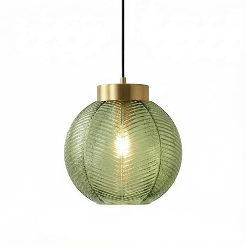 Modern Retro 20cm Green Glass Globe Pendant Light, Gold E27 Ceiling Lamp | Ceiling Light for Kitchen Island, Dining & Living Room, Bedroom | Textured Spherical Shade with Gold Top