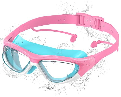 Ambienden Lunettes Natation Enfant, Anti-Buée Haute Définition, Protection UV, Silicone Médical, Ajustement Rapide, Unisexe 6-14 Ans, Blue-Rose