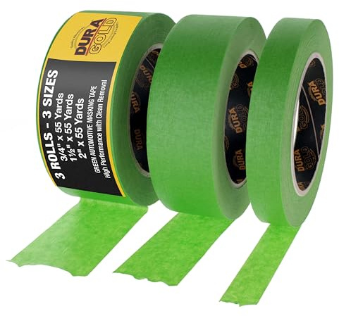 Dura-Gold Green Automotive Masking Tape 3/4, 1-1/2, 2 Inch (0.7, 1.41, 1.88 x 55 Yards), 1 Roll Each - High-Performance, Heat Resistant - Auto Refinish Painting Car Detailing Autobody Painters Tape