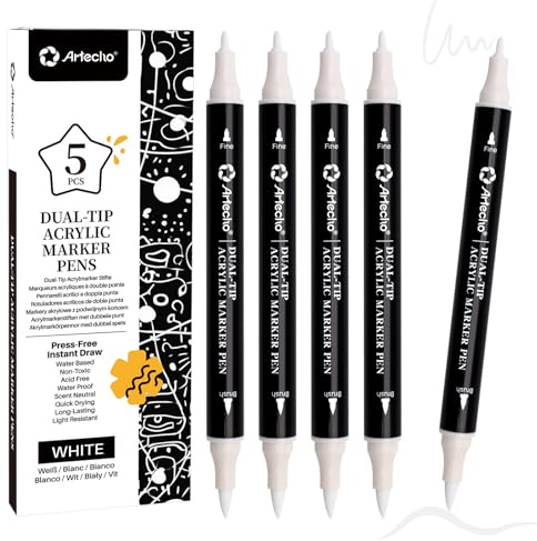 Artecho Acrylic Paint Pen White 5pcs | Dual Tip Acrylic Paint Markers with Brush Tip and Fine Tip for Rock Painting,Glass,Wood,Egg,Ceramic,Fabric,leather,DIY Crafts