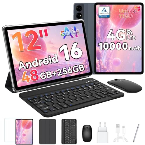 BESTTAB Android 16 Tablet con Teclado y Lapiz, Tableta 12 Pulgadas, 120 Hz, 2,5 K, FHD, 48GB RAM+256GB ROM (2TB TF), T7280 Octa-Core, 10000mAh, Widevine L1, Tablet con SIM 4G LTE/ 5G WiFi, 16MP+8MP