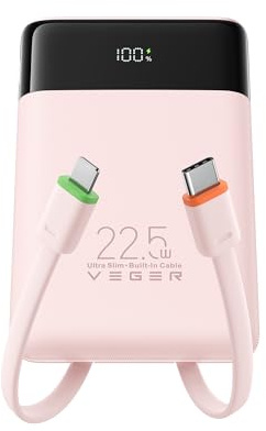 VEGER Portable Charger with Built-in Cables,10000mAh USB C Power Bank Fast Charging, External Battery Pack Slim,Travel Essentials Compatible with iPhone,iPad,Android Phone,Heated Vest and More