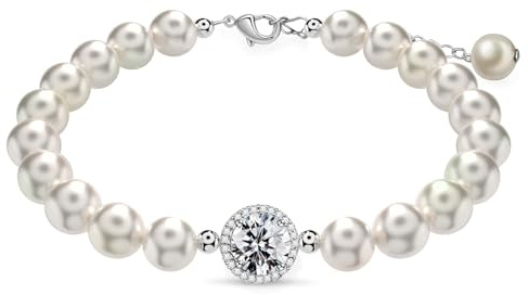 FEIKFEIZ Bracciale di perle con moissanite, 2CT diamanti di moissanite allevati in laboratorio, oro rodiato, bracciale regolabile in perle d'acqua dolce, bracciale argentato, regalo da donna.