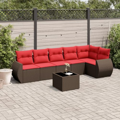 Owoxanthellate Juego de 7 sofás de jardín de polirratán, marrón, 62 × 62 × 69 cm, con cojín, banco de esquina, banco central, mesa de cristal para terraza, balcón
