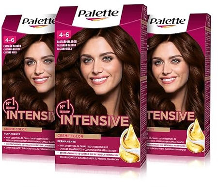 Palette Intensive Creme Color 4-6 Castaño Marrón, tinte permanente con aceite de macadamia y almendras, cubre el 100% de las canas y raíces, para un pelo radiante, Pack 3