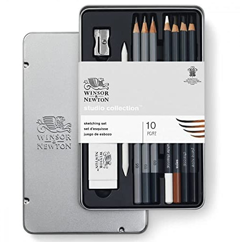Winsor & Newton 490010 Skizzierstifte Set - 10 teilig - 3 Bleistifte - 2B, 6B, 8B, 4 Zeichenstifte, charcoal, Pierre noire, Sepia , white charocoal, Papierwischer, Radiergummi, Spitzer