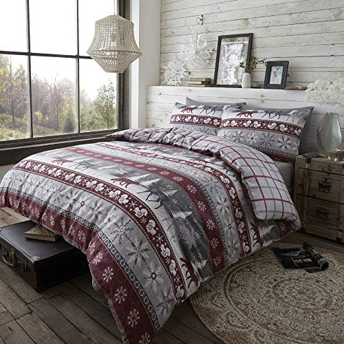 Happy Linen Company Set copripiumino - 100% flanella di cotone pettinato - double face con design scandinavo - Bordeaux - Singolo