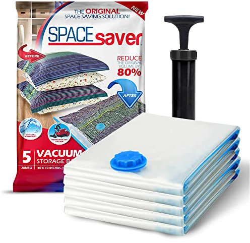 Spacesaver Bolsas de vacio ropa Premium, 80% Más de Almacenamiento, Bomba para Viajes, Sello de doble cierre y válvula turbo con triple sellado, Bolsas Vacío Ahorro de Espacio-Extra Grandes 5 Piezas