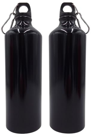 BURI 2X Alu Trinkflasche 1Liter schwarz glänzend Karabiner Wasserflasche Sportflasche