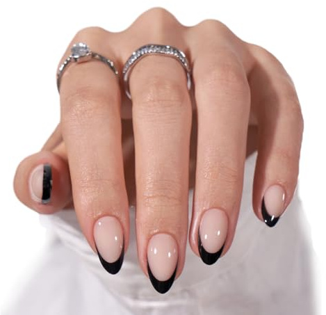 BTArtbox Press On Nails Short - Black French, Almond Press On Nails with Glue and Adhesive Tabs for Women in 16 Sizes - 32 Soft Gel Glue On Nails Kit
