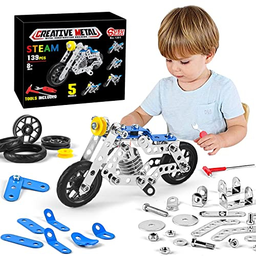 Ferthor Fun Creative Set Motorcycle,Stem Building Projects Toys for Kids 8 9 10 11 12+ Year Old,Metal Building Construction Model kit, 5 in 1 Motobike Building Blocks Steam Educational Toys(139PCS)