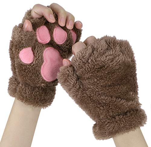 QCHOMEE Women Girls Cat Bear Paw Claw Gloves Mittens Plush Warm Winter Animal Wolf Handwear Cute Fluffy Cartoon with String Cosplay Party Halloween Christmas