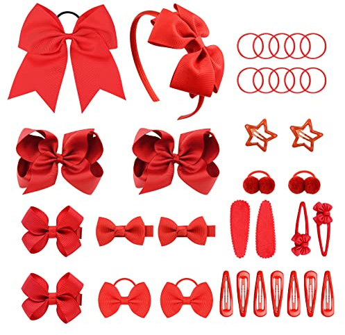 VIKSAUN 35 Pieces Red Girls School Hair Accessories Kit Large Cheer Bow Elastic Hair Band Ponytail Holder Bow Headband Hair Clips Ribbon Hair Barrettes for Toddlers Christmas Birthday Gift (35 pcs)