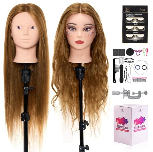 Neverland Beauty 71 cm Trainingskopf mit 60% Echthaar, Friseur-Mannequin-Kopf, Kosmetologie-Puppenkopf mit Tischklemme und Friseur-Werkzeug-Set, Glatt, Menschliches Haar , Einnähen Gold