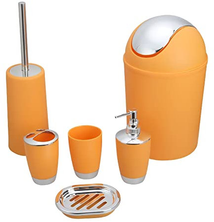 PITRAK 6 teiliges Badezimmer Accessoires Set, Lotionsflaschen, Zahnbürstenhalter, Zahnbecher, Seifenschale, Toilettenbürste, Mülleimer, Badeset aus Kunststoff (Orange)