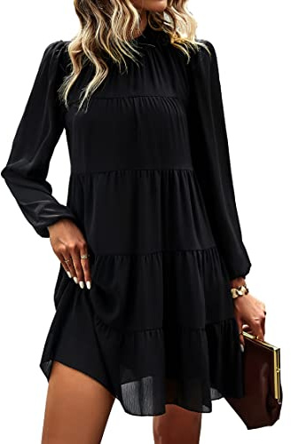 KIRUNDO Long Sleeve Baby Doll Dresses Women 2026 Casual Spring Summer Ruffle Mock Neck Tiered Mini Flowy Swing Shift Dress(Black, Large)