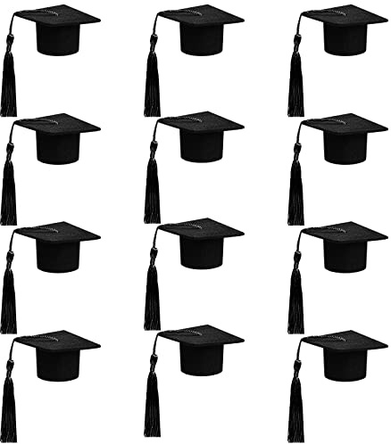 12pcs Mini Graduation Cap for Crafts Black Felt Graduation Hat Bottle Toppers with Tassels Mini Cap Decorations Bottle Toppers for Party Table Decoration (Black)