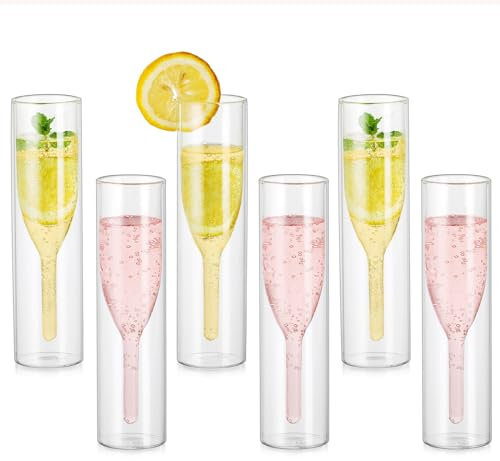 Inweder Sektgläser Glas Champagner Gläser - 6er-Set Stiellose Champagnerflöten Kristallgläser Doppelwandige Weingläser Klassiker Tulpenkelch Klarglasbecher für Hochzeitsgeschenke Partys Bars