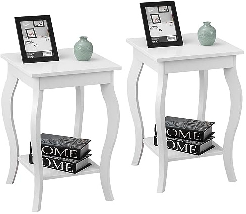 COSTWAY Mesita de Noche, Mesa Auxiliar de 2 Piezas, con Patas Curvadas Elegantes, Mesa Centro Abiertos de 2 Niveles, Mesillas de Noche Dormitorio para Salón,Entrada, 40x40x60cm (Blanco, 2 Piezas)