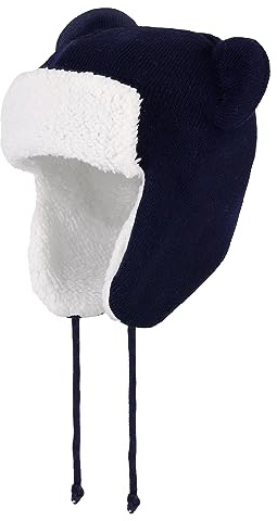 LACOFIA Bonnet Hiver Bébé Garcon Chapeau Chaud pour Enfant en Tricot Doublé de Polaire avec 2 Oreilles Bleu Marine 6-12 Mois