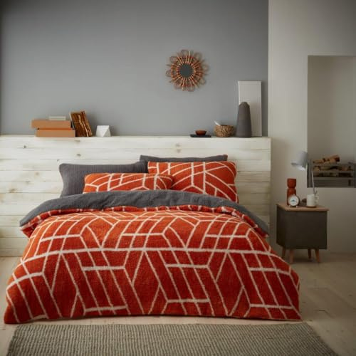 GC GAVENO CAVAILIA Multi Stripes Teddy Fleece Double Bed Duvet Cover Set With Pillowcases, Snuggle & Fluffy Fleece Triangle Quilt Covers Set, Thermal Warm Teddy Bear Bedding, Rust