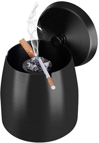 Roysmart Aschenbecher mit Deckel, Aschenbecher für Draussen, Sturmaschenbecher als Windaschenbecher, Aschenbecher Edelstahl für Draußen und Innen - Schwarz