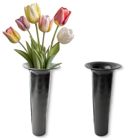 Grabvasen Kunststoff Einsätze mit Rand als frostsichere Grabdeko - 2er Runde Bodenvasen-Einsätze in Grau für Friedhofs-Vase Blumenvasen als Grabschmuck - 25 x 11 cm konisch zum Stecken Stellen