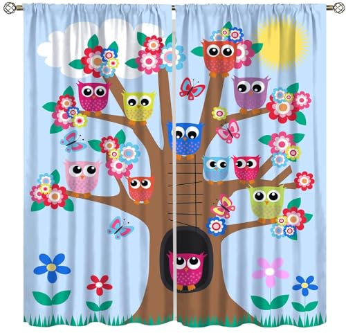 ICMOLYYENLO Owl Curtains Kids Cartoon Cute Fun Owl Graffiti Style Living Room Curtains for Children's Room Nursery Curtains 42x45 inch 2 Panels (Decor)