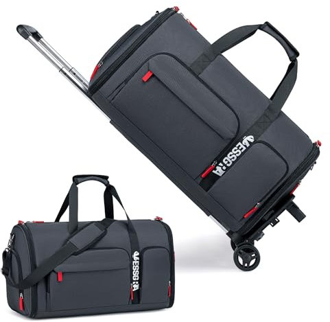Kleidersack mit Rollen, Vessgra Reisetasche mit Rollen, Umwandelbare Kleider Duffel Tasche mit Schuhfach, Rollender Duffel Bag mit abnehmbarem Trolley System (Dunkelgrau)